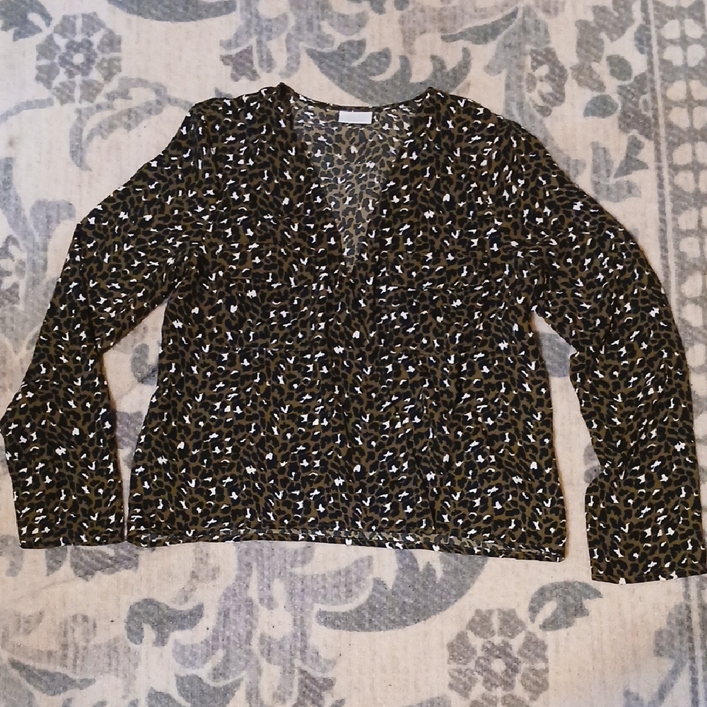 Abound Olive Green & Black Printed Long Sleeve V-Neck Top